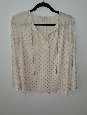 Michael Kors Cream Blouse with Gold Dot Trim and Tassles